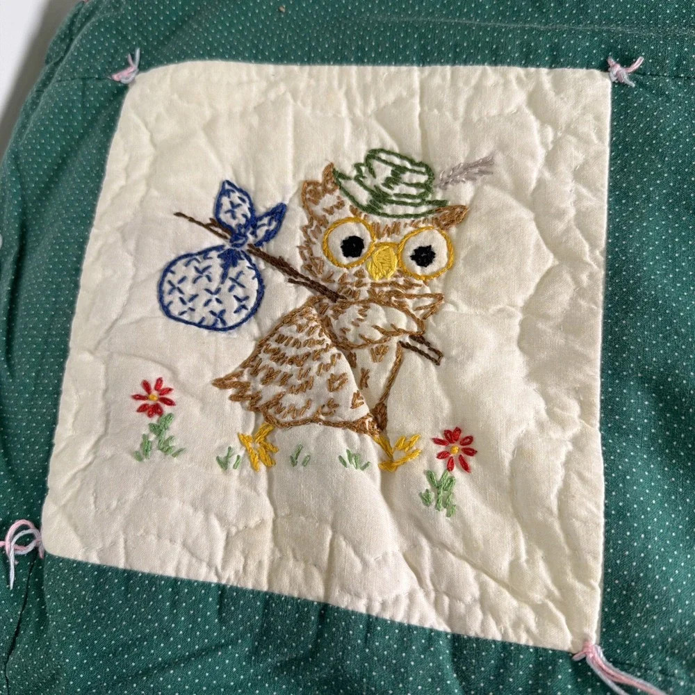 Vintage Handmade Embroidered Crib Quilt Playful Animals Green White